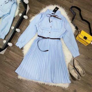 Đầm sơ mi cổ trụ xanh