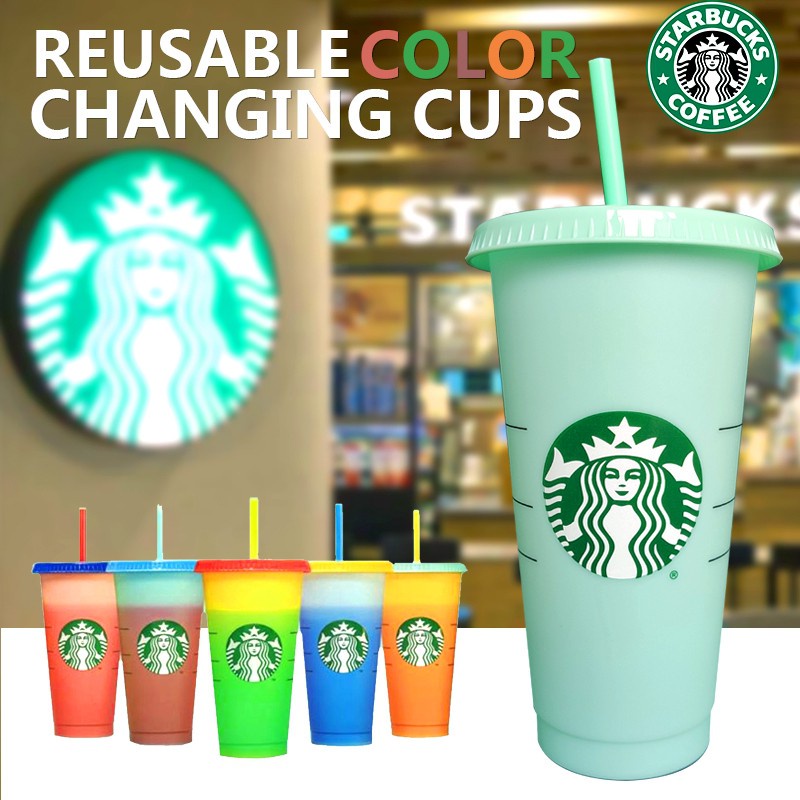 ✨Giao ngay✨Set 1 hoặc 5 ly starbuck họa tiết hoa giấy confetti đổi màu bằng nhựa có nắp và ống hút 24 fl oz Ly Nhựa Có Thể Tái Sử Dụng Thiết Kế Độc Đáo