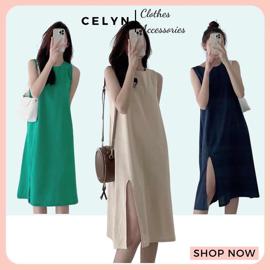 Váy midi linen xẻ tà V020 Celyn.clothes