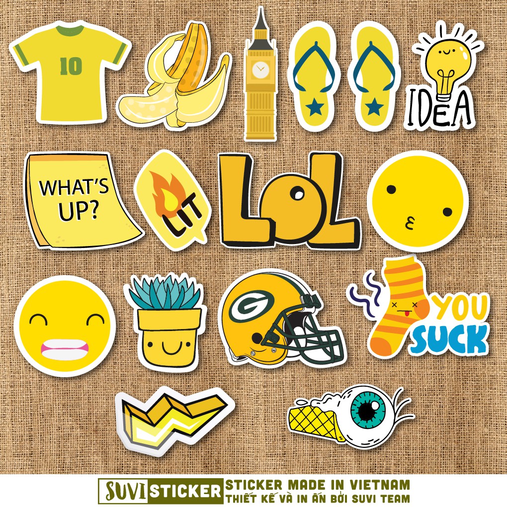 50 Sticker Màu Vàng Yellow chống nước sticker dán laptop, điện thoại, đàn guitar, mũ bảo hiểm, vali. MSP: C06