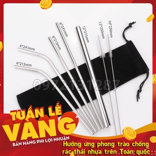 (Hàng loại 1, dày & nặng) Bộ ống hút Inox 304 8 món ( 5 ống hút, 2 cọ, 1 túi đựng)