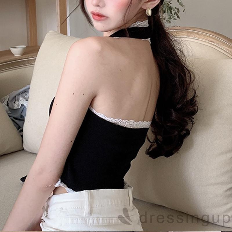 Áo ba lỗ croptop nữ màu phối ren trang trí nút áo phía trước