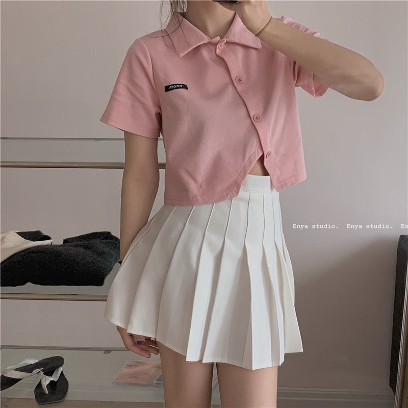 Ready Stock Pink Polo Collar T-Shirt Women + Pleated Skirt Set Short Summer Navel Slim and Thin Hong Kong Short Sleeve Top