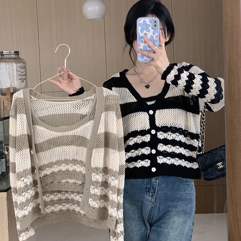 Set Áo Dây Dệt Kim Họa Tiết Kẻ Sọc Và Áo Khoác cardigan Thời Trang Nữ Tính