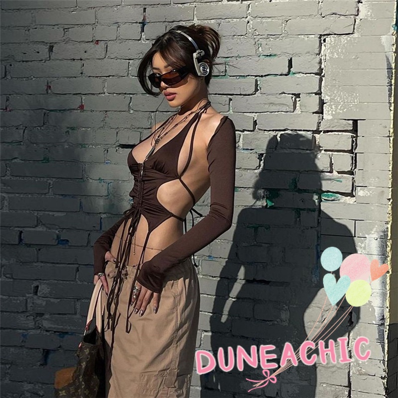 DUNEA Áo kiểu tay dài phối dây quyến rũ cho nữ