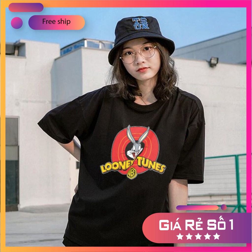 Áo Thun Tay Lỡ Unisex Form Rộng Nam Nữ Thỏ Tunes Dễ Thương Basic Tee Đen Trắng