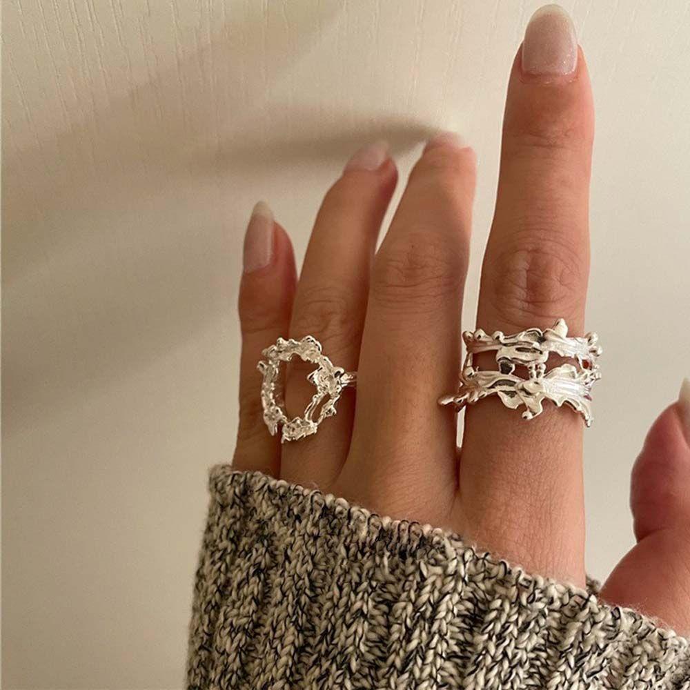 Nhẫn Bạc Thiếc QQMALL|Nhẫn Thiết Kế Bất Đối Xứng Sáng Tạo Lãng Mạn Phong Cách Hàn Quốc