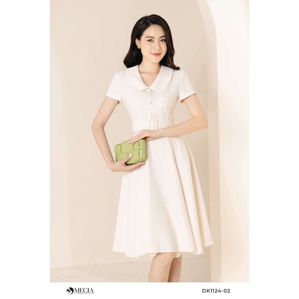 Đầm xòe cổ vest tay ngắn cao cấp MECIA thắt eo sang trọng DK1124