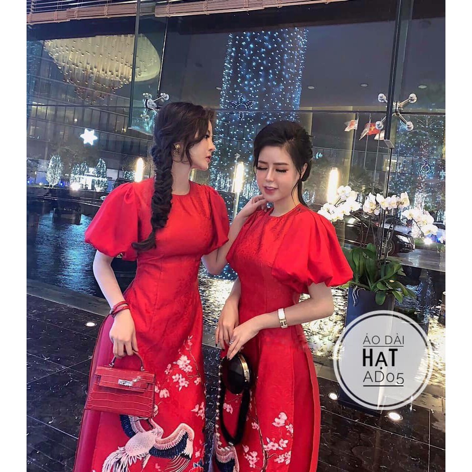 Áo dài hạt bigsize tay ngắn 2 màu đỏ vàng kèm quần size 55-90kg