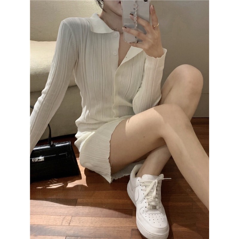 Váy body nữ, Đầm sơ mi polo 💋 tay dài💋 màu trắng dệt kim phong cách Hàn Quốc