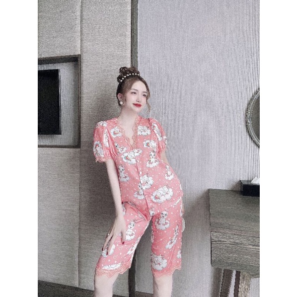 Bộ lụa viền ren lửng hoạ tiết siêu xinh