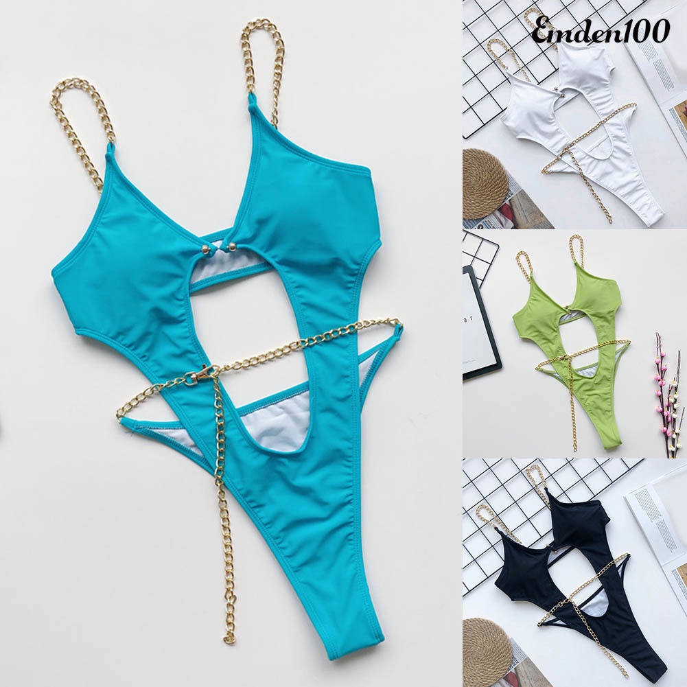 Bộ Đồ Bơi Một Mảnh Màu Trơn Có Đệm Ngực Với Dây Xích Tùy Chỉnh Dành Cho Nữ