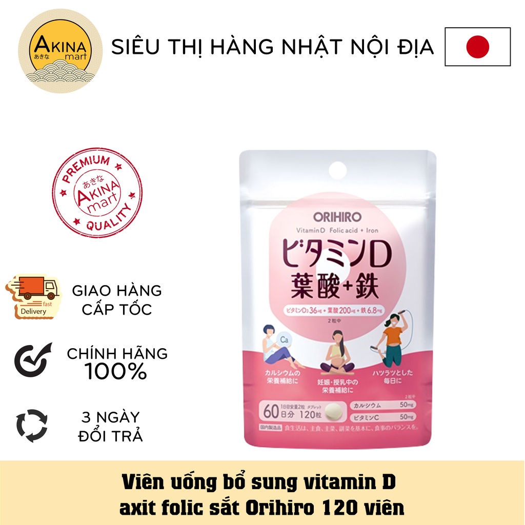 Viên Uống Bổ Sung Vitamin D Axit Folic Sắt Orihiro 120 viên