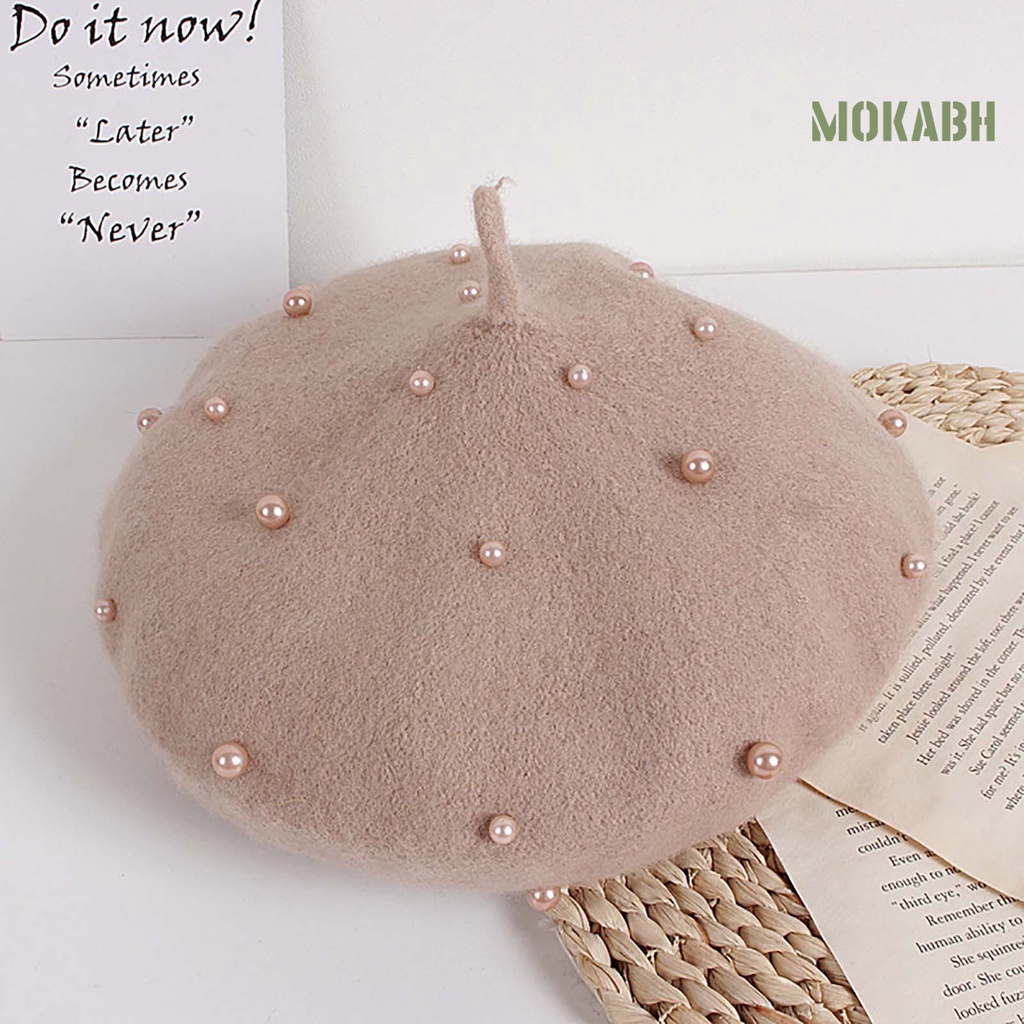 Mũ Beret Đính Ngọc Trai Giả Màu Sắc Trơn Ấm Áp Thời Trang Cho Bé Gái