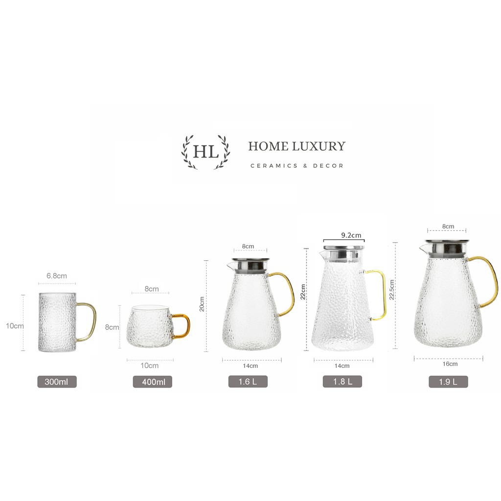 Bình thuỷ tinh chịu nhiệt sần quai vàng | Bình sần Borosilicate chịu nhiệt, chịu lực cao cấp