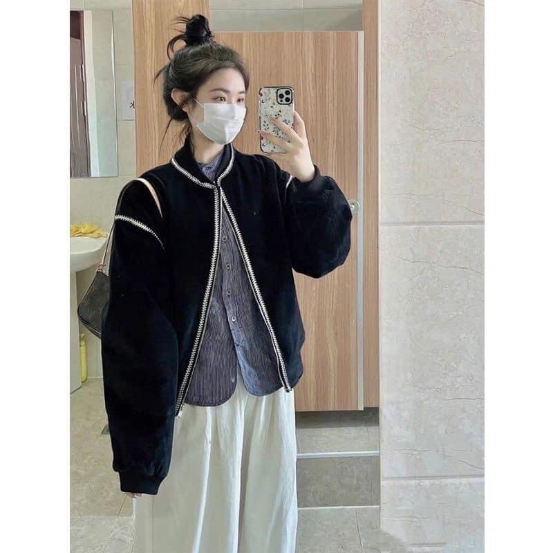 Bán sỉ áo bomber đen da lộn dây viền cho nữ