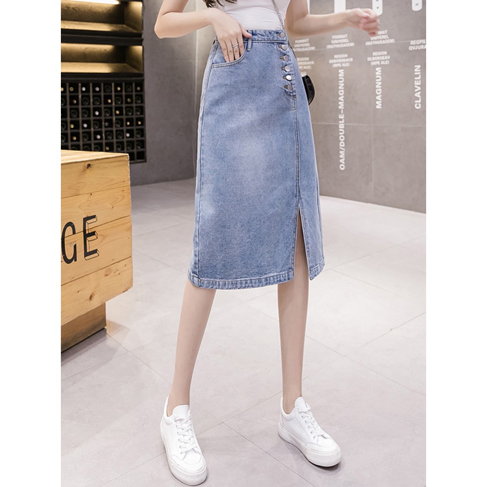 Sẵn S, M, L Lên đồ shop  Chân váy bò Denim cạp cao đính khuy lệch xẻ tà