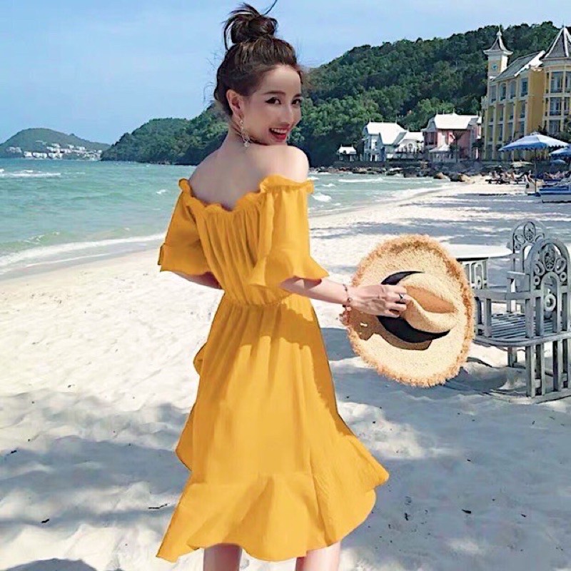 [Mã FAGREEN1505 giảm 10% tối đa 30K đơn 99K] Đầm vàng trễ vai bèo lai (kèm hình thật) | BigBuy360 - bigbuy360.vn
