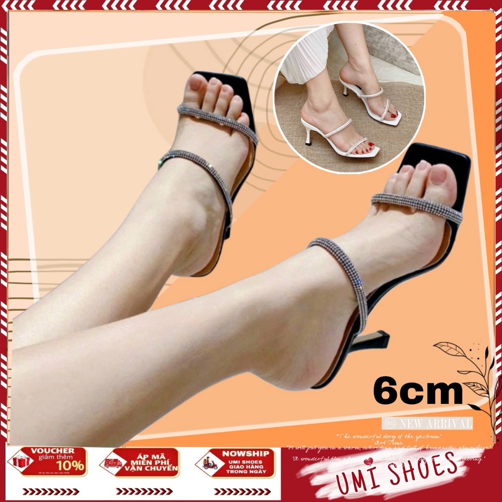 Guốc Nữ UMI Quai Đá Hạt Lấp Lánh Hột Soàn Dáng Giày Cao Gót Nhọn 7 phân Đi Chơi Đi Làm Hot Mới Màu Đen Trắng