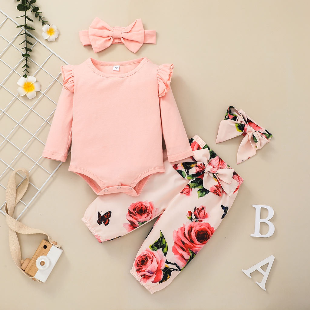 Băng đô quà tặng-Bộ Đồ Quần Áo Bé Gái Body Tay Dài Bodysuit Liền Thân Và Hoa Quần Dài Set Thời Trang Cho Bé Trẻ em Sơ Sinh 0-24 Tháng