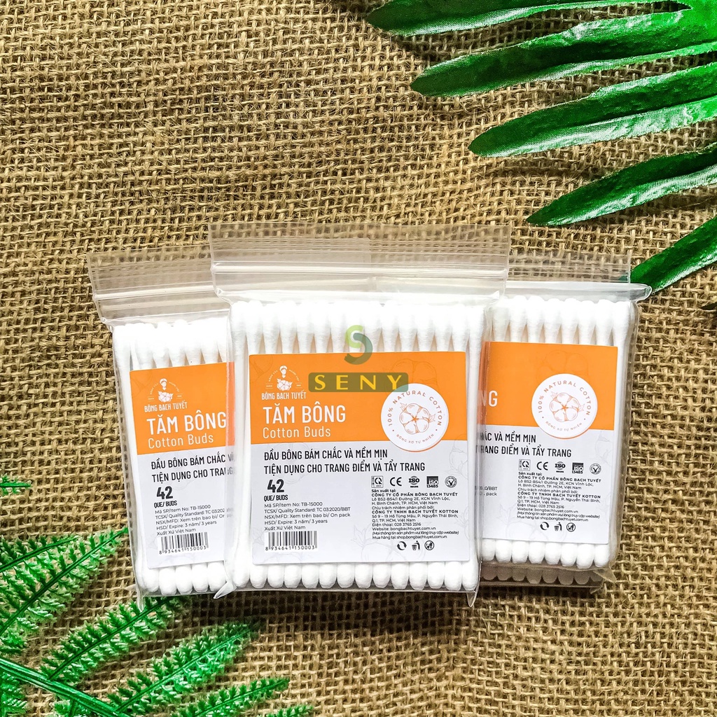 Tăm bông người lớn túi 42 que Bông Bạch Tuyết mềm mịn tiện dụng cho vệ sinh tai và trang điểm