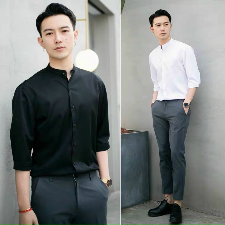 Áo sơ mi nam Cổ Tàu hai màu trắng đen trơn basic vải lụa, áo sơ mi nam công sở mặc văn phòng sự kiện lịch sự