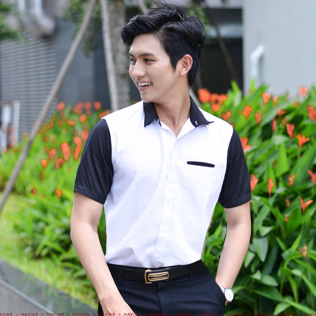 Sơ Mi Black Short Sleeve White Shirt with Hidden Pocket HAVIAS