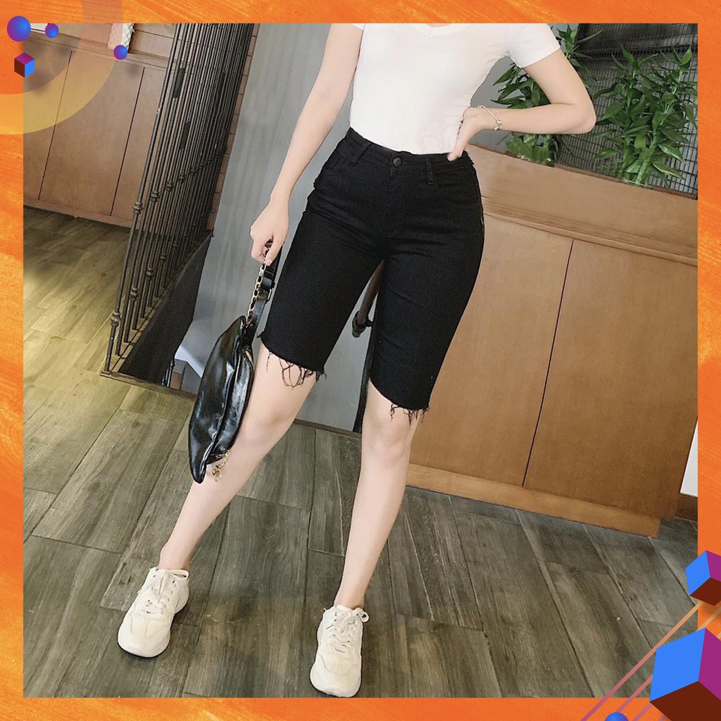 [Bigsize 58-90kg] Quần Lửng Jeans Đen Basic, Lưng Cao Trên Rốn, Co Giãn Mạnh
