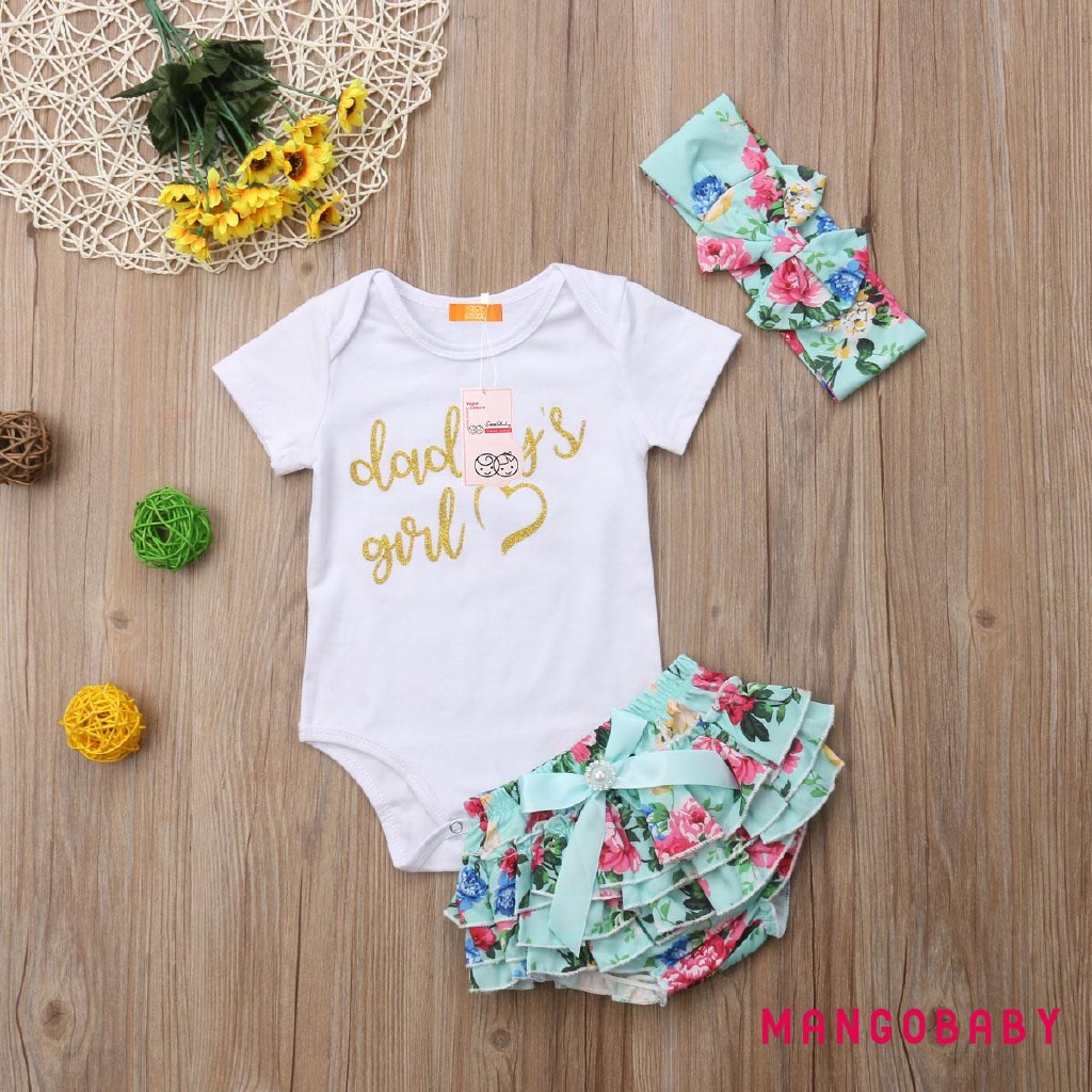 Bộ bodysuit một mảnh + quần short hoa + Băng đô cho bé sơ sinh