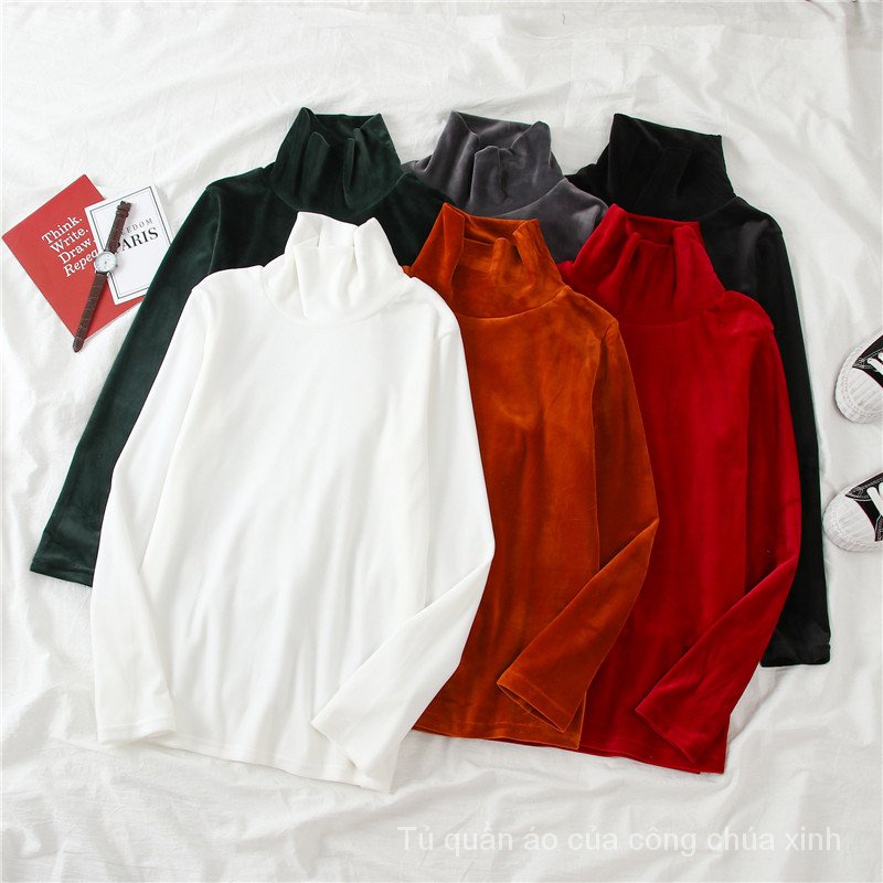 Áo Kiểu Tay Dài Cổ Lọ Chất Nhung Dày Dặn Giữ Ấm Thời Trang Xuân Thu Cho Nữ