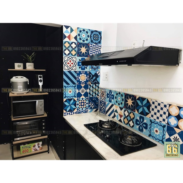 Decal gạch bông dán bếp xanh dương