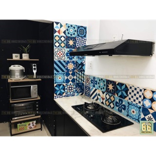 Decal gạch bông dán bếp xanh dương