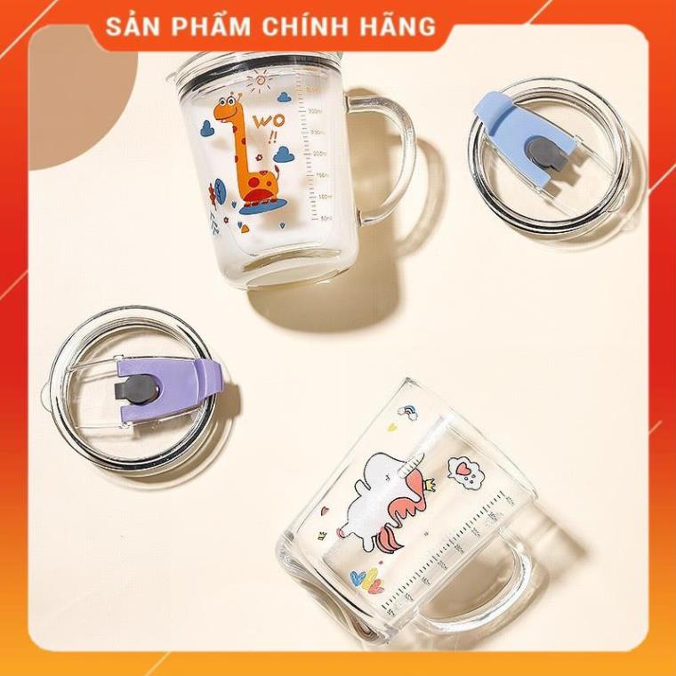 Ly Thủy Tinh Nắp Đậy Kẻ Vạch Tặng Kèm Ống Hút Dùng Uống Sữa , Nước Trái Cây 400ml