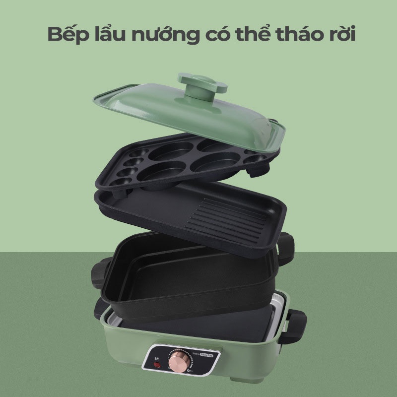 Bếp lẩu nướng 2 tầng HGJ-B30 lòng nồi chống dính cao cấp, Nồi lẩu điện đa năng 4.5L, công suất 1200w