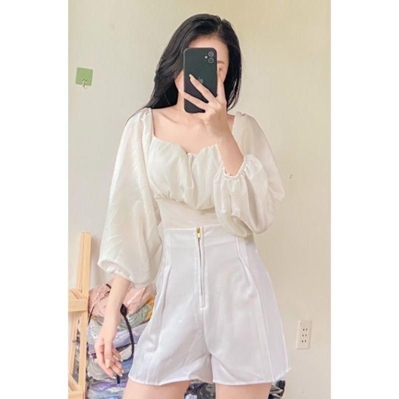 Áo kiểu cổ vuông tay bồng cột nơ vải voan xốp có mút ngực