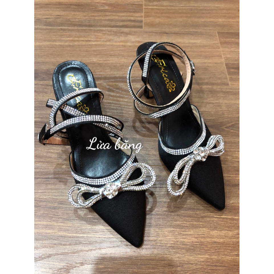 Giày cao gót nữ chất satin lụa nơ đá lấp lánh quai đá cổ chân 2 vòng sang chảnh TH63