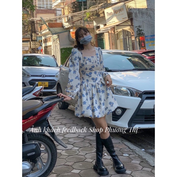 Váy hoa nhí cổ vuông tay bồng hoạ tiết bông hoa xanh ulzzang (hàng sẵn) | BigBuy360 - bigbuy360.vn