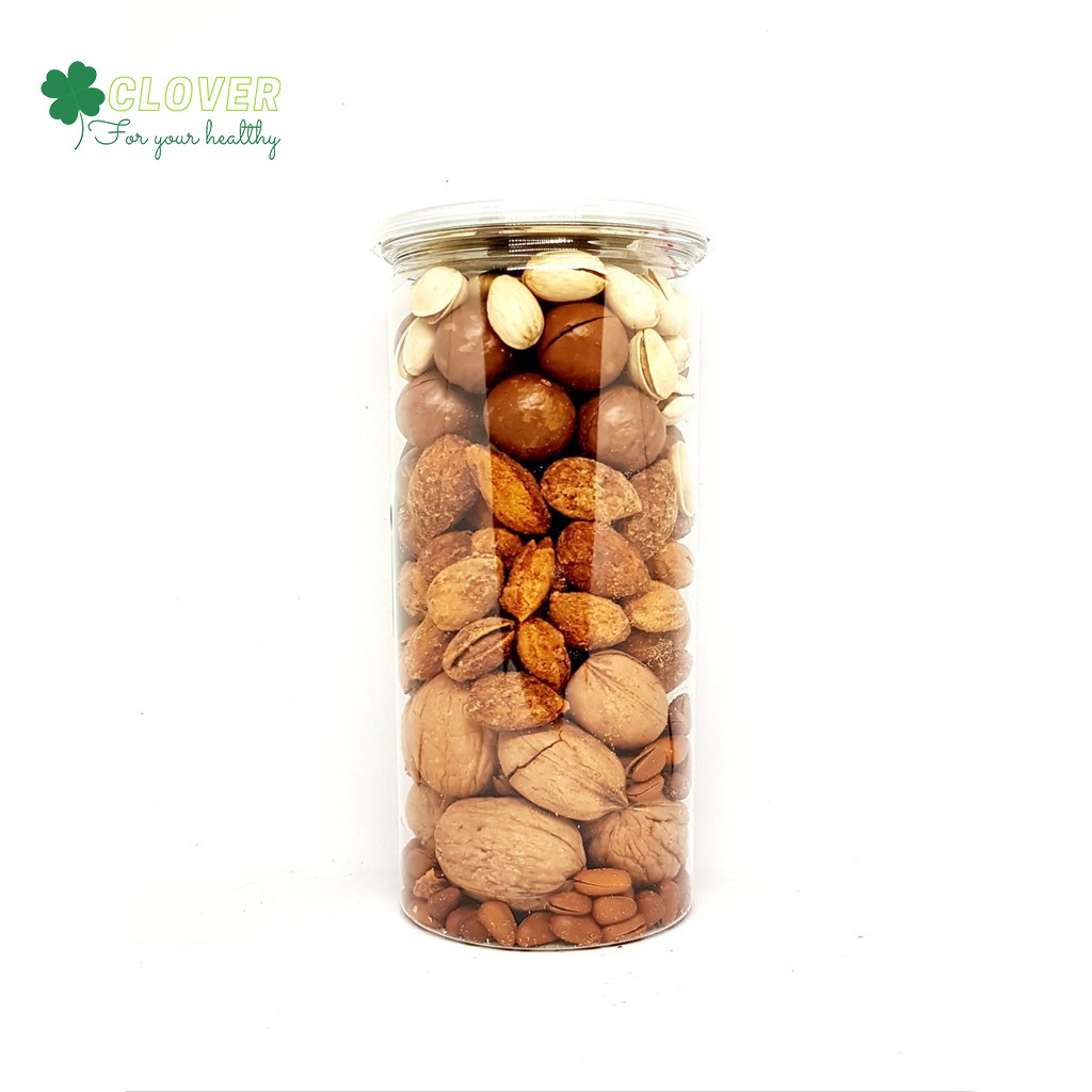 Mix Nuts hỗn hợp 6 loại hạt sấy khô gồm macca hạnh nhân óc chó hạt thông dẻ cười hồ đào hộp 500gr Clovershop