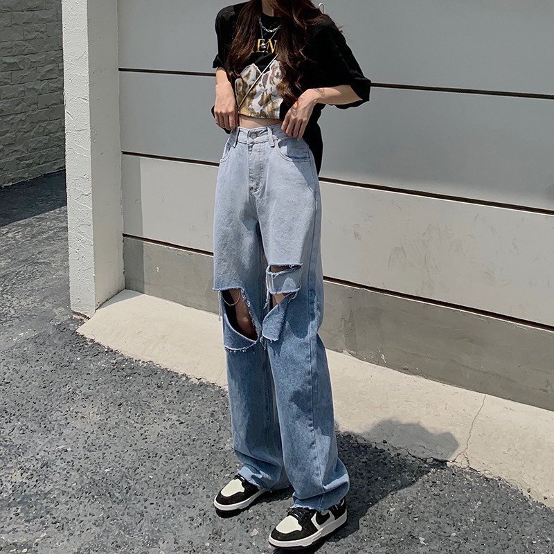 Quần Jeans Dài Rách Gối Thời Trang Dành Cho Nữ