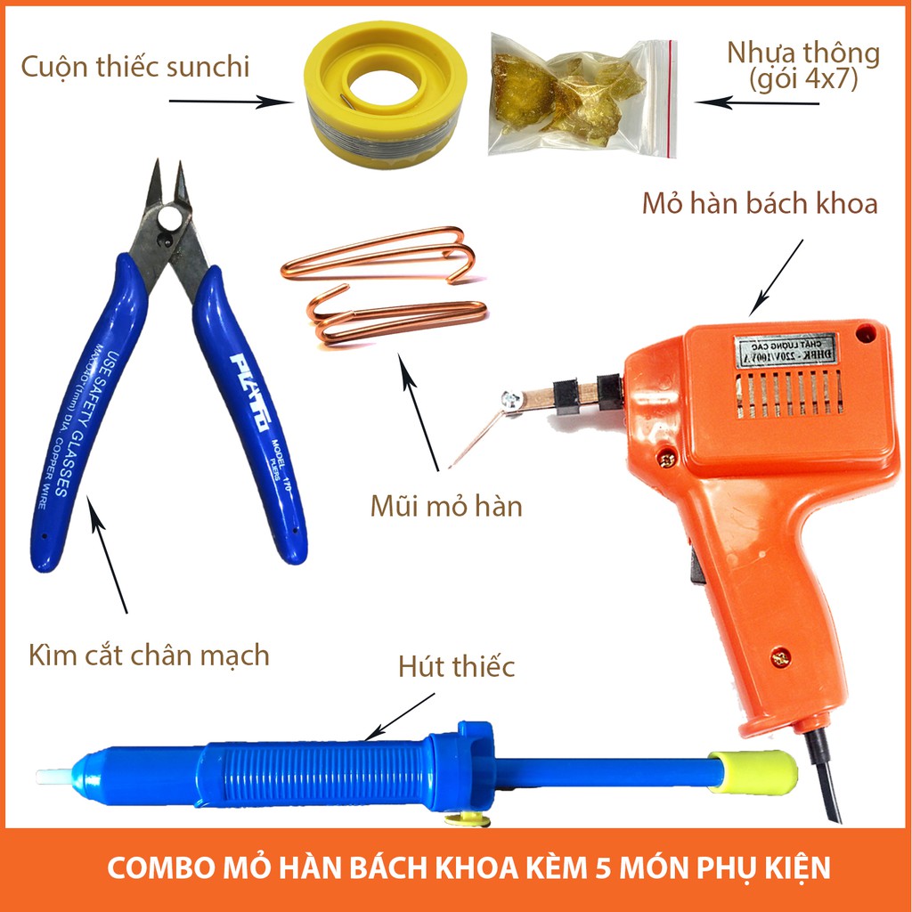 Combo Mỏ Hàn Xung Bách Khoa và 5 Món Phụ Kiện ( Kéo cắt linh kiện, 2 Mũi mỏ hàn bằng đồng, Thiếc Sunchi, Nhựa Thông)