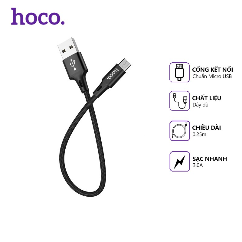 Cáp sạc nhanh Hoco DU10 Pro dây dù 3.0A, cổng kết nối Micro Usb, dài 0.25m