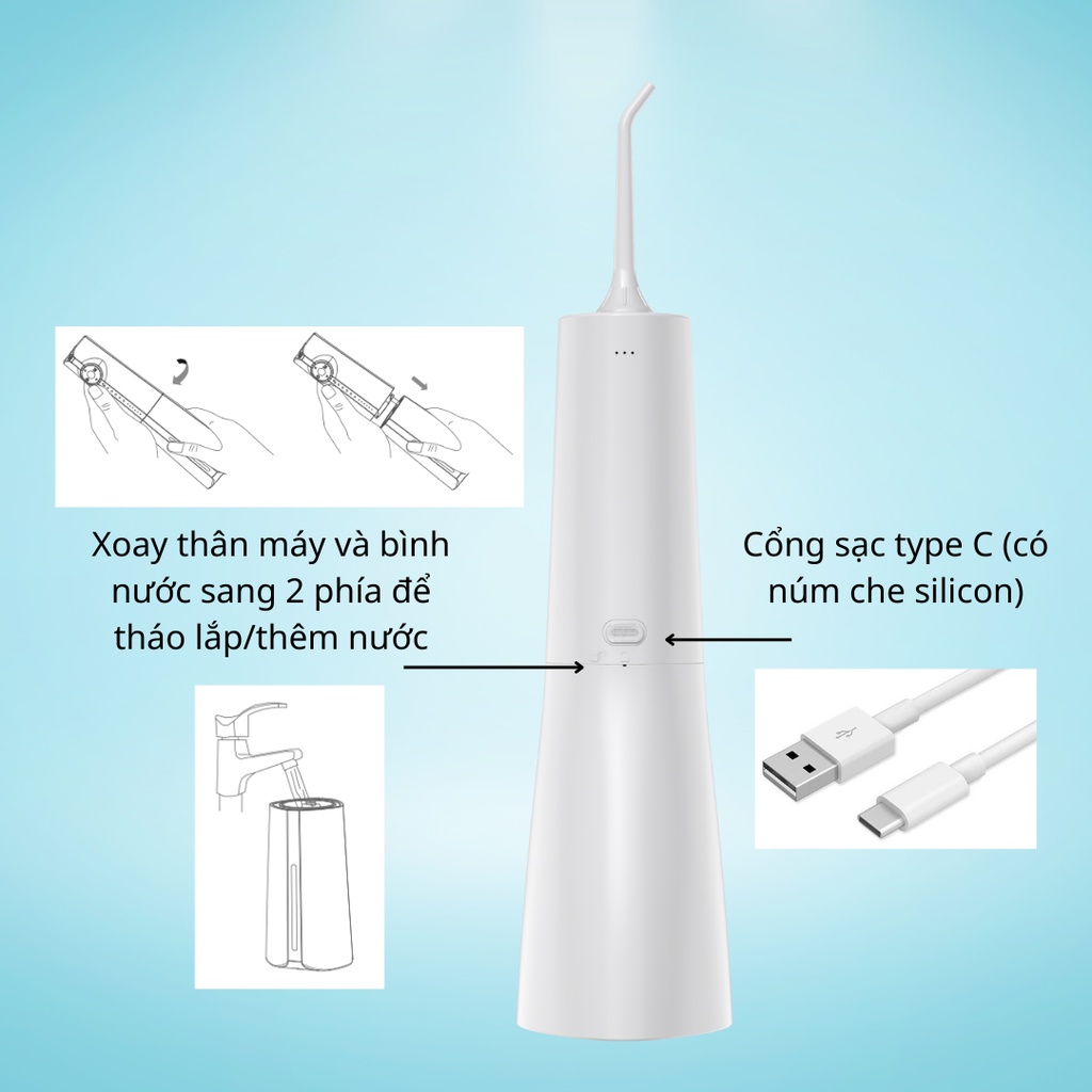 Máy tăm nước Aquapulse A700 nâng cấp 5 chế độ, dung tích 300ml, chống nước IPX7