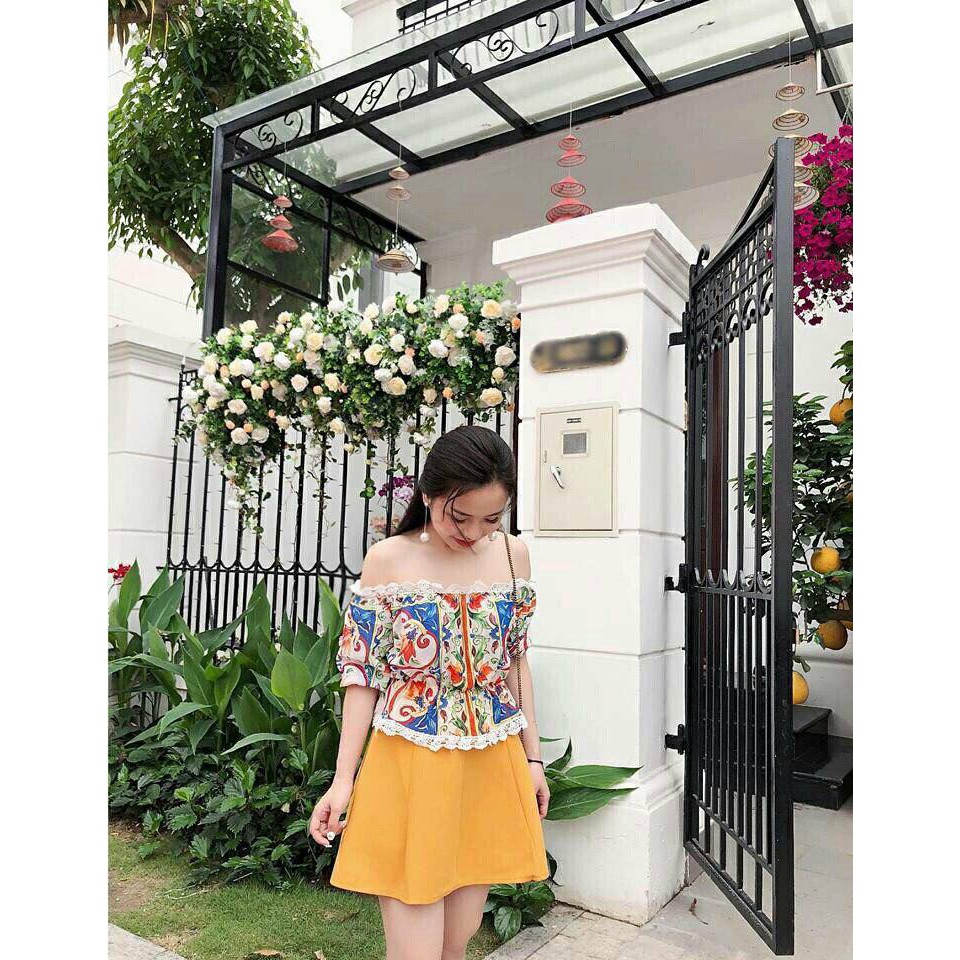 SÉT ÁO TRỄ VAI IN HOA + CV CỘT NƠ SIÊU CUTE