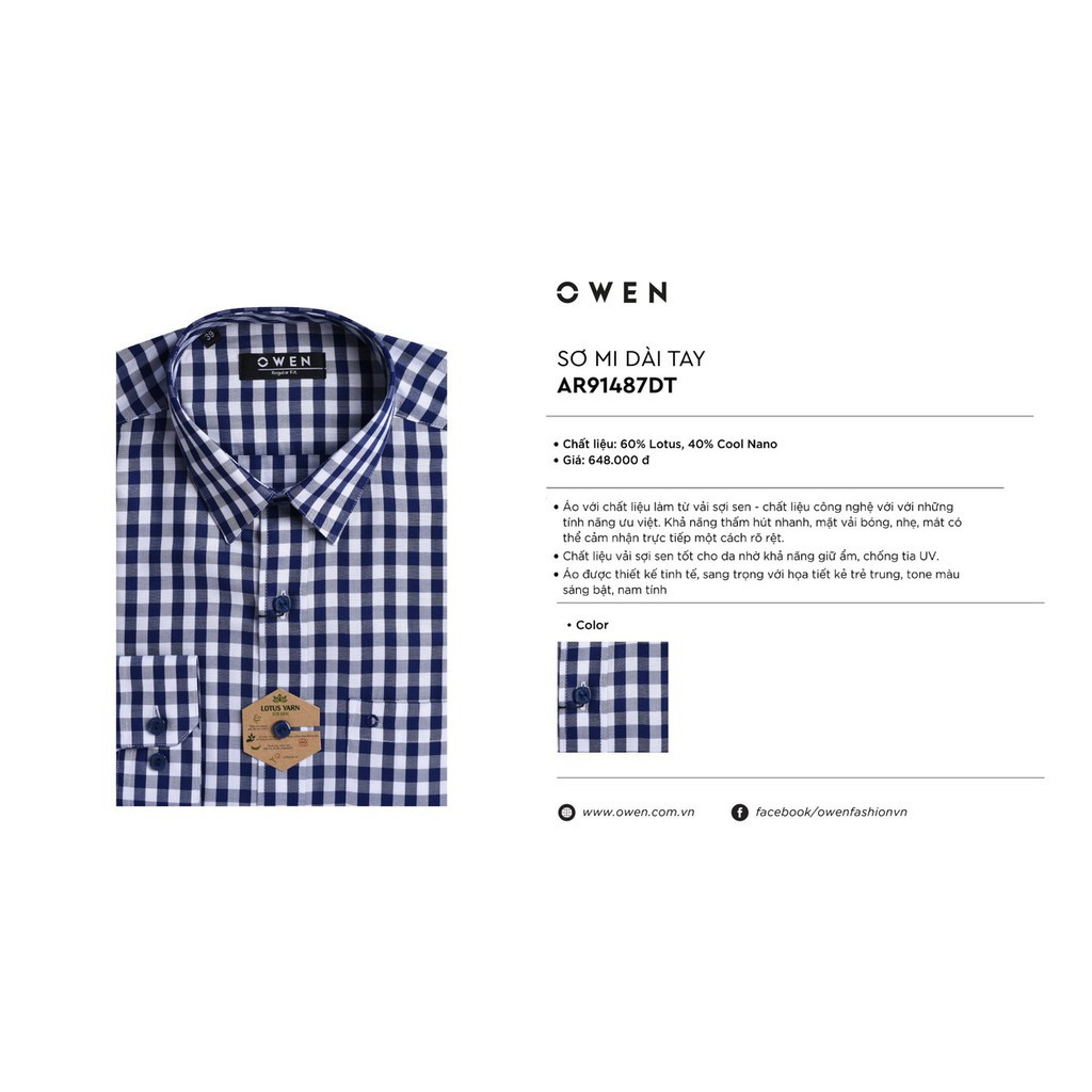 Sale Chính Hãng OWEN - Áo sơ mi dài tay Owen REGULAR chất sợi sen kẻ ca rô xanh trắng AR 91487 hot 🌺 neww * ! %