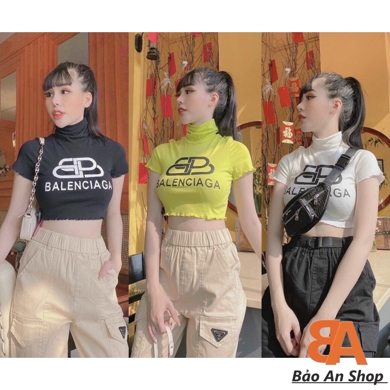 Áo croptop body tay ngắn cổ lọ in chữ balencia nhiều màu