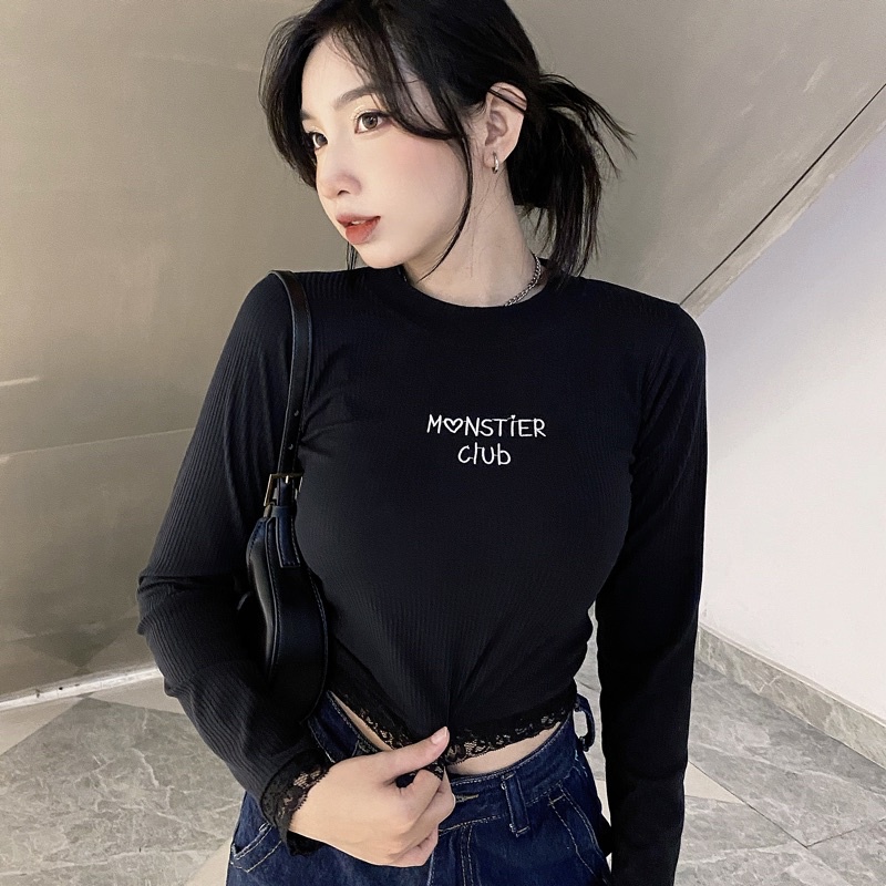 Áo Croptop Tay Dài Phối Ren Thêu chữ Monstier Club