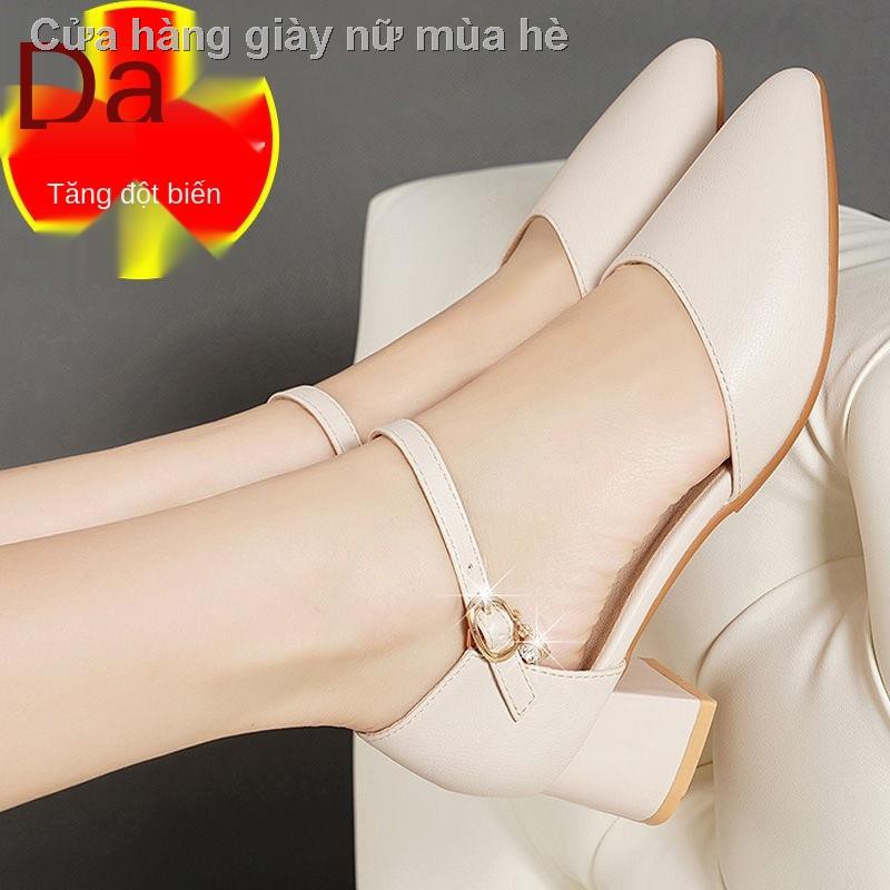 Giày cao gót da đế giữa của phụ nữ 2021 mùa xuân mới dày đa năng đơn rỗng ruột thoải mái cho