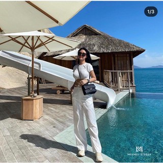 Set croptop trắng cột dây eo + quần suông trắng