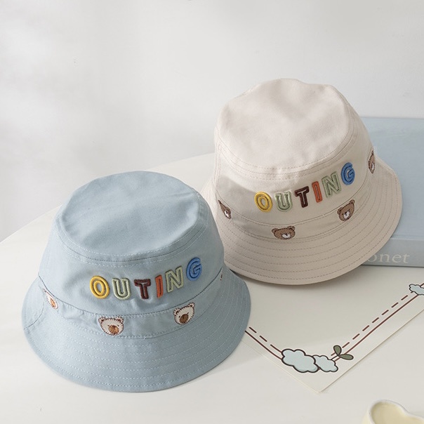 Mũ vành vải thô thêu viền gấu dành cho bé trai và bé gái 1,5-3y