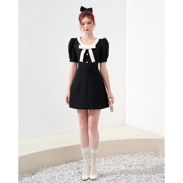 CHRISTINA TWEED DRESS - váy dạ tweed viền nơ đen trắng SEDUISANT.REV